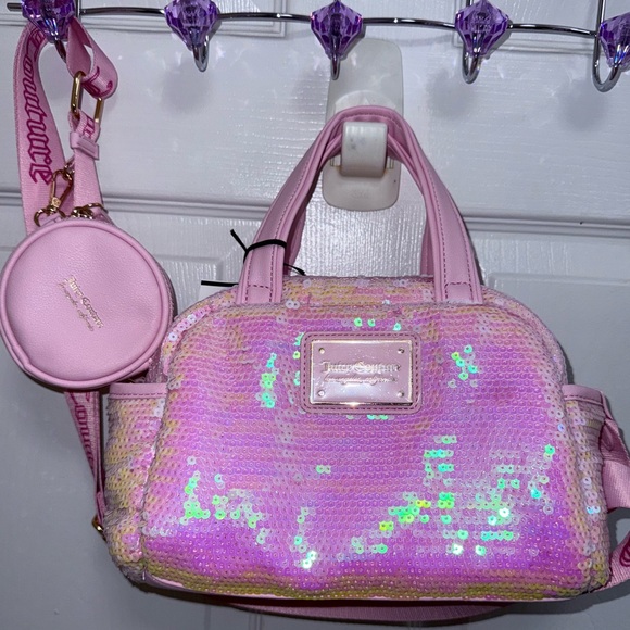 NWT Juicy Couture Puffed Up Sequins Satchel in Lt Pink w Crossbody Strap - Picture 1 of 8